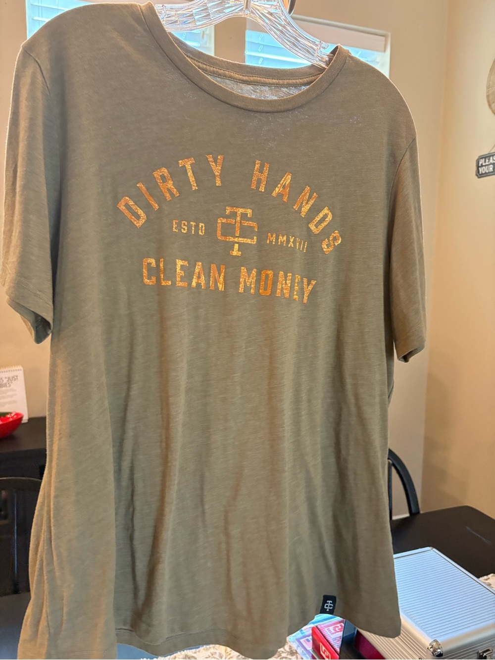 Trolls Olive Green Short Sleeve Tee with Gold Foil "Dirty Hands Clean Money"